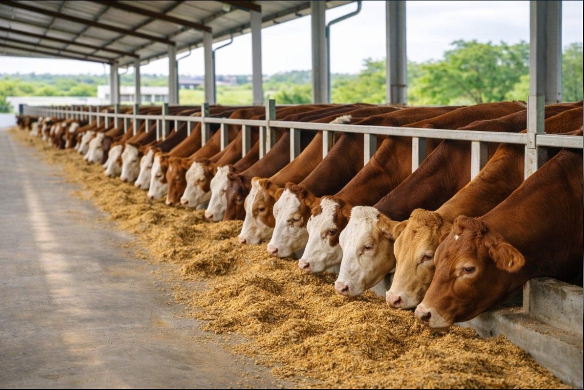 Dairy cattle eating feed along a covered barn feeding line