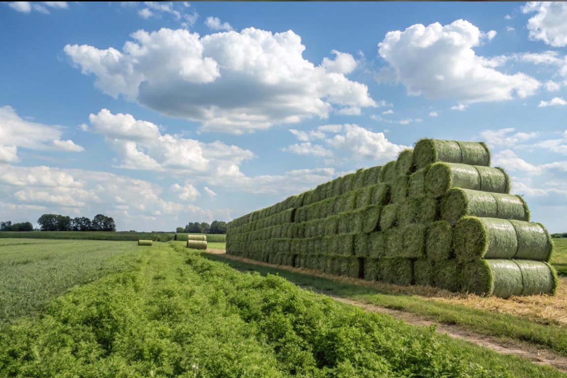 Rows of wrapped hay bales beside a green fodder field